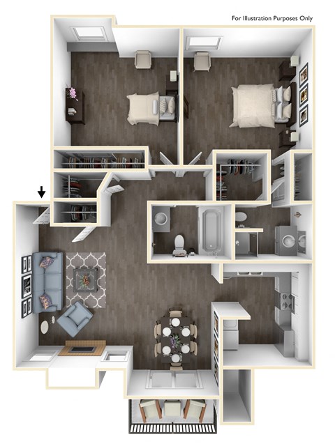 Floor plan for 2 beds, 2 baths, 1034 sqft